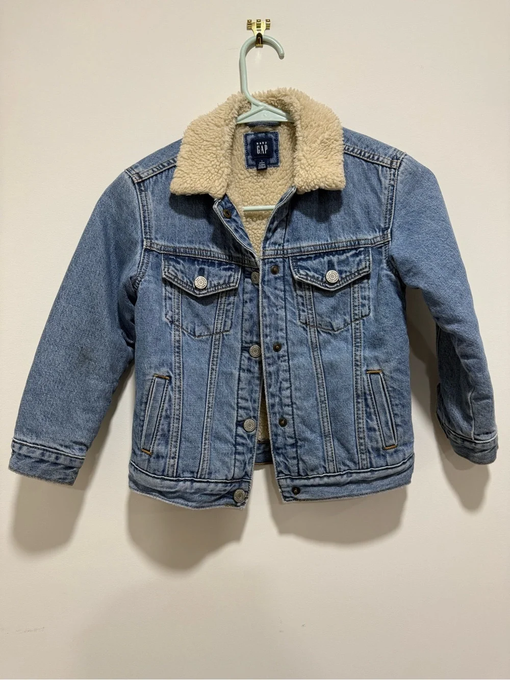 GAP Kids Light Blue Denim Jacket with Cream Sherpa Collar